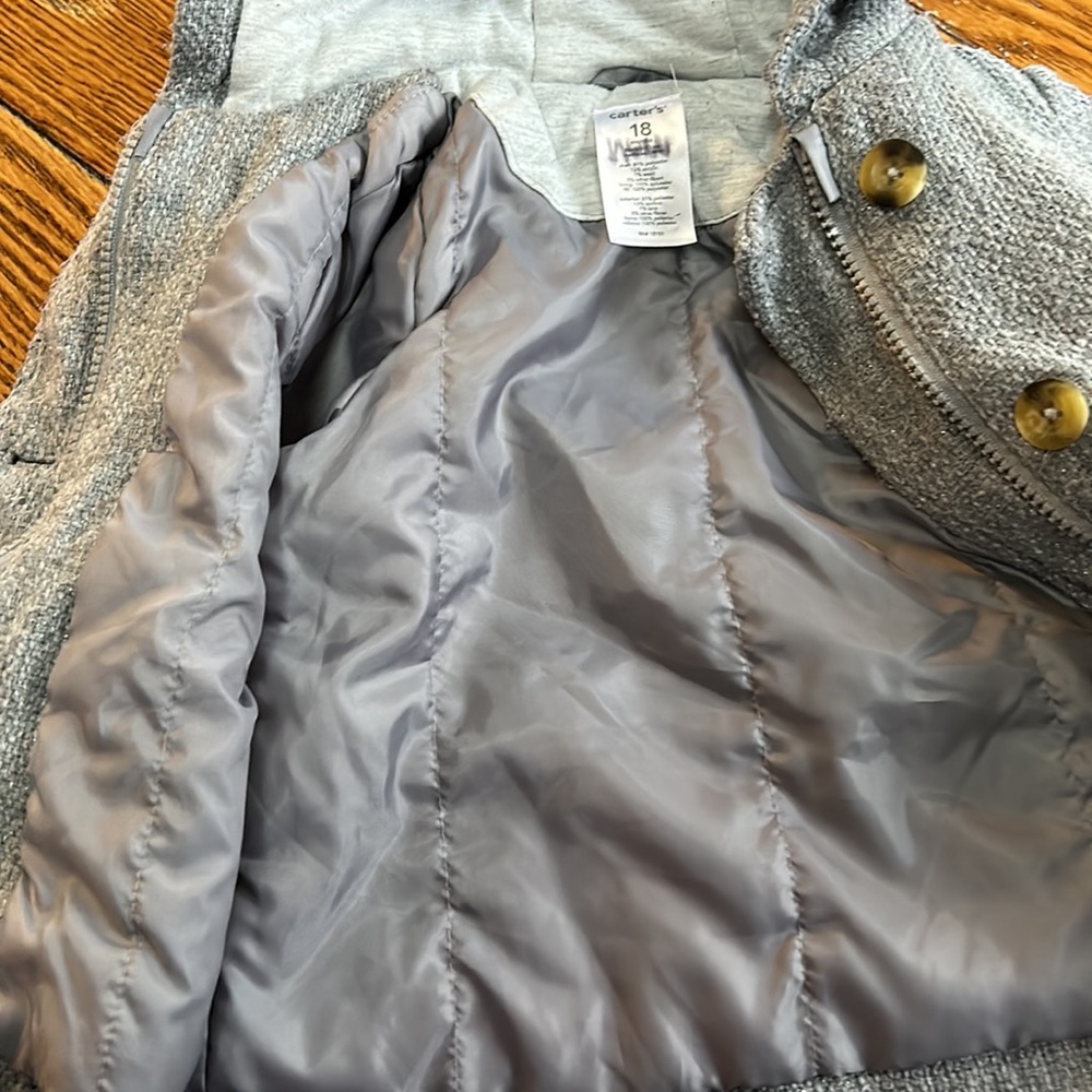 Carter’s gray hooded coat. Zips and buttons, size 18 months. - Picture 4 of 9